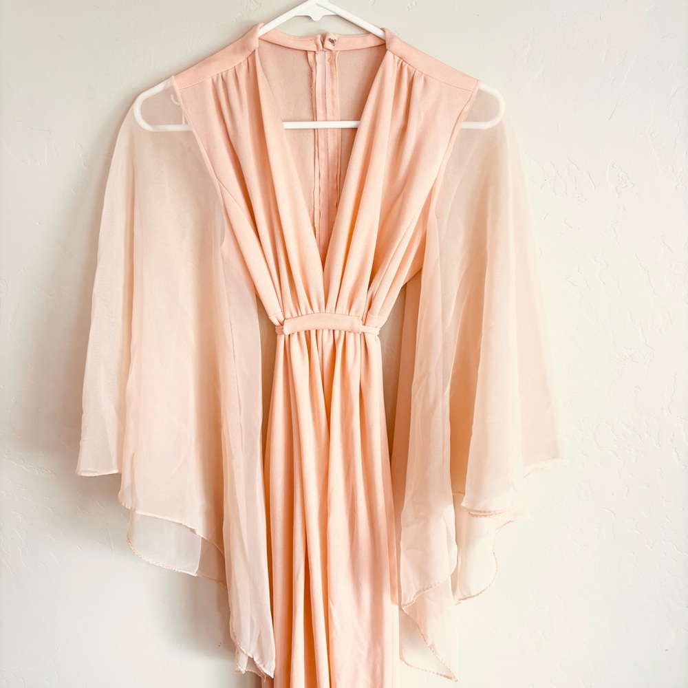 Vintage 1970s Peach Angel Wing Sleeve Deep V-neckline Empire Waist Maxi Dress - Picture 3 of 15